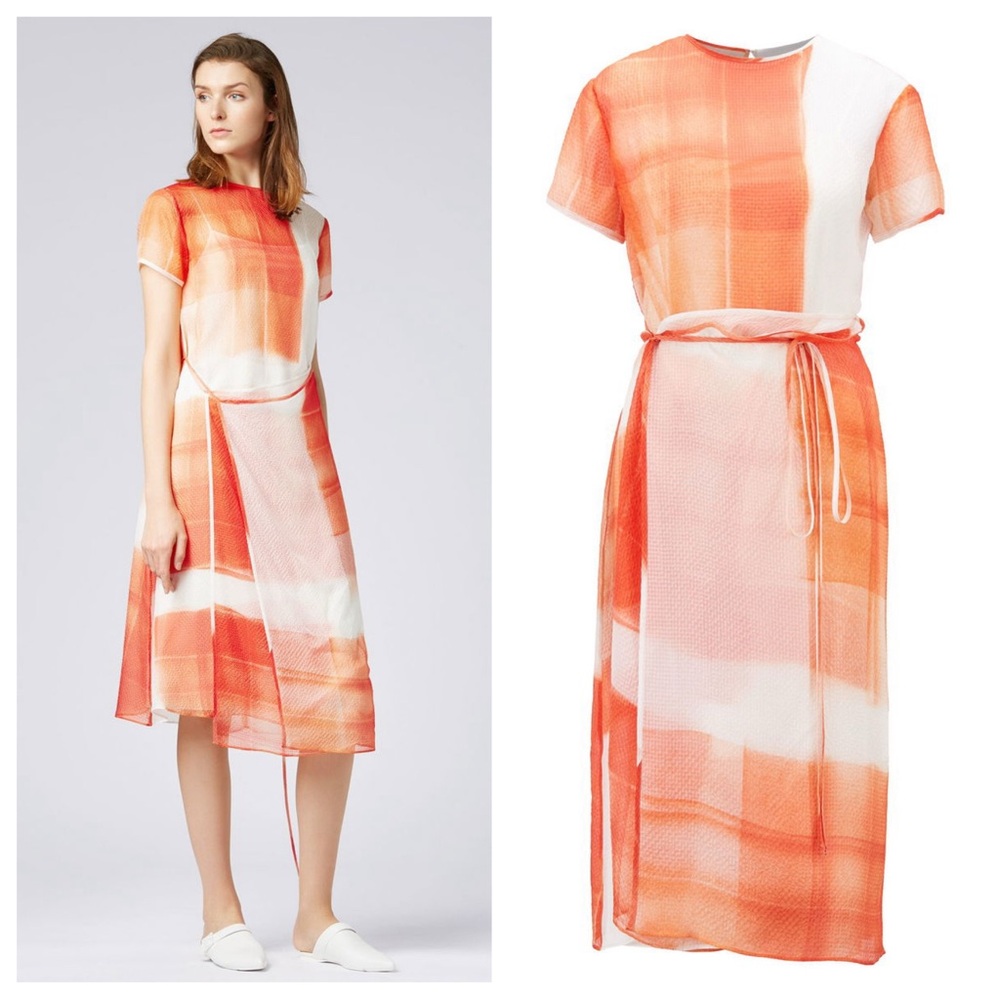 NWT Hugo Boss Exclusive Check Featherweight Silk Seersucker Midi Dress